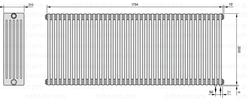 Схема (чертеж) Радиатор Zehnder Charleston 6250/39 №5510 Белый глянцевый RAL 9016